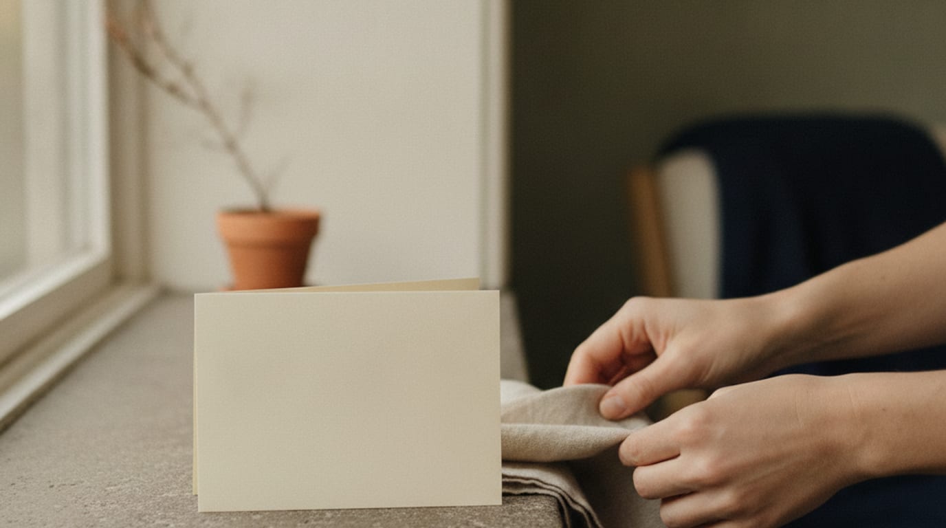 A blank folded white card on a stone windowsill beside a small folded cloth.