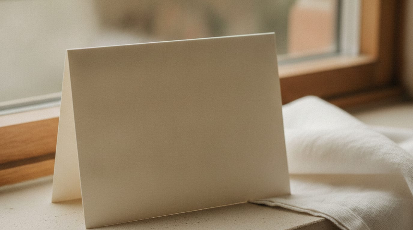 A blank folded ivory card on a stone windowsill beside a small folded cloth.