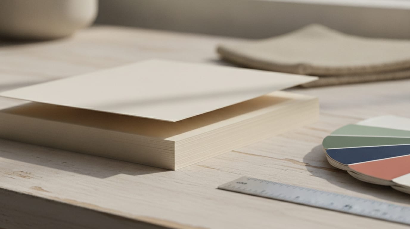 A printed invitation lying on a cutting mat beside a steel ruler, with faint crop marks visible at the corners.