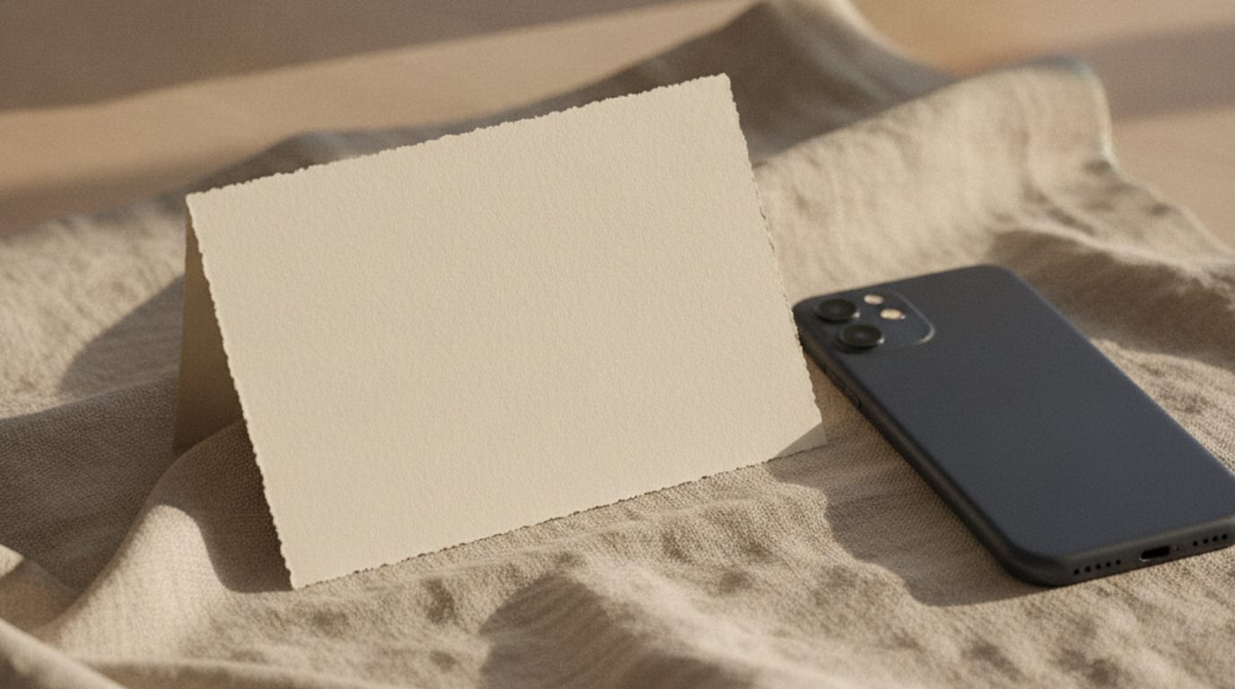 A phone showing an invitation on screen resting next to the same invitation printed on cream card.