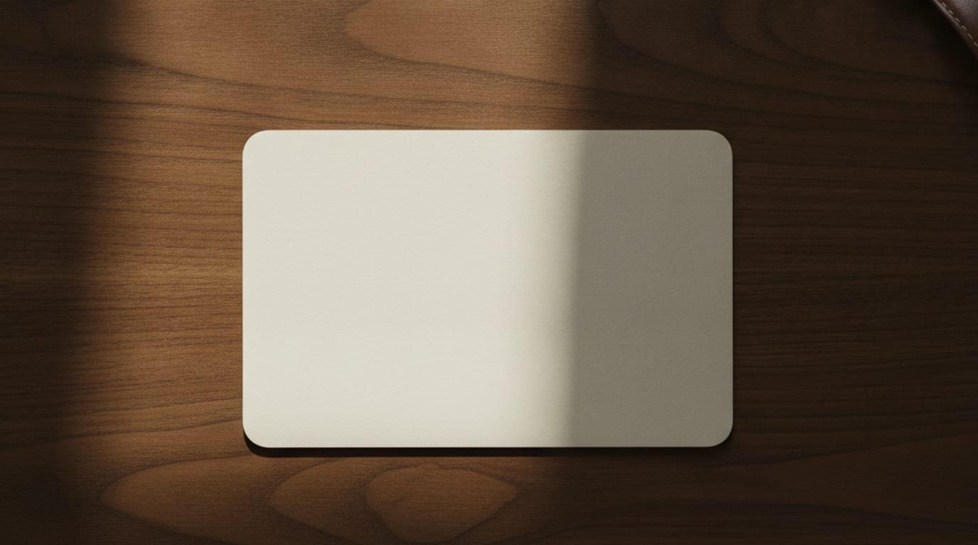 A hand holding an invitation card face up, about to pass it across a table to another person.