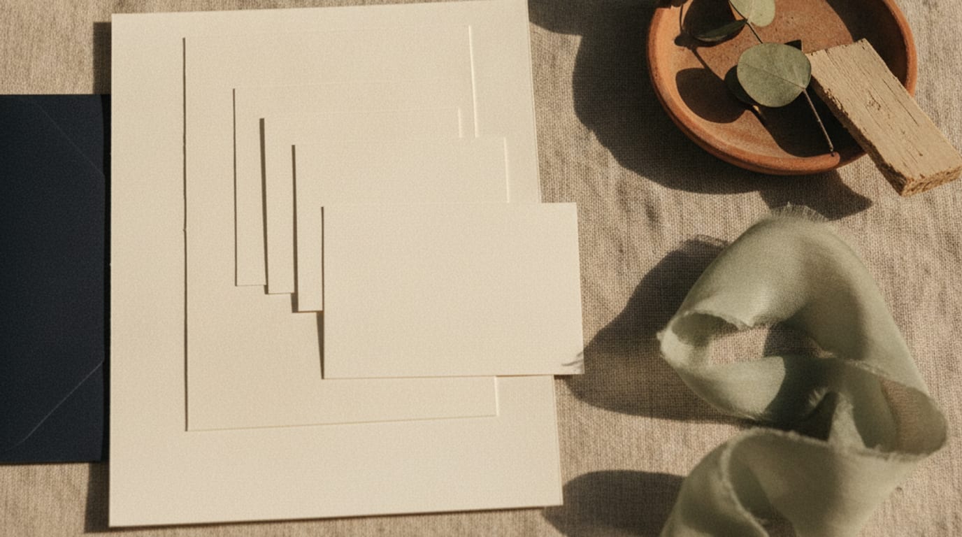 A flat lay of wedding stationery pieces arranged in a row: invitation, small details card, reply card and a folded programme.