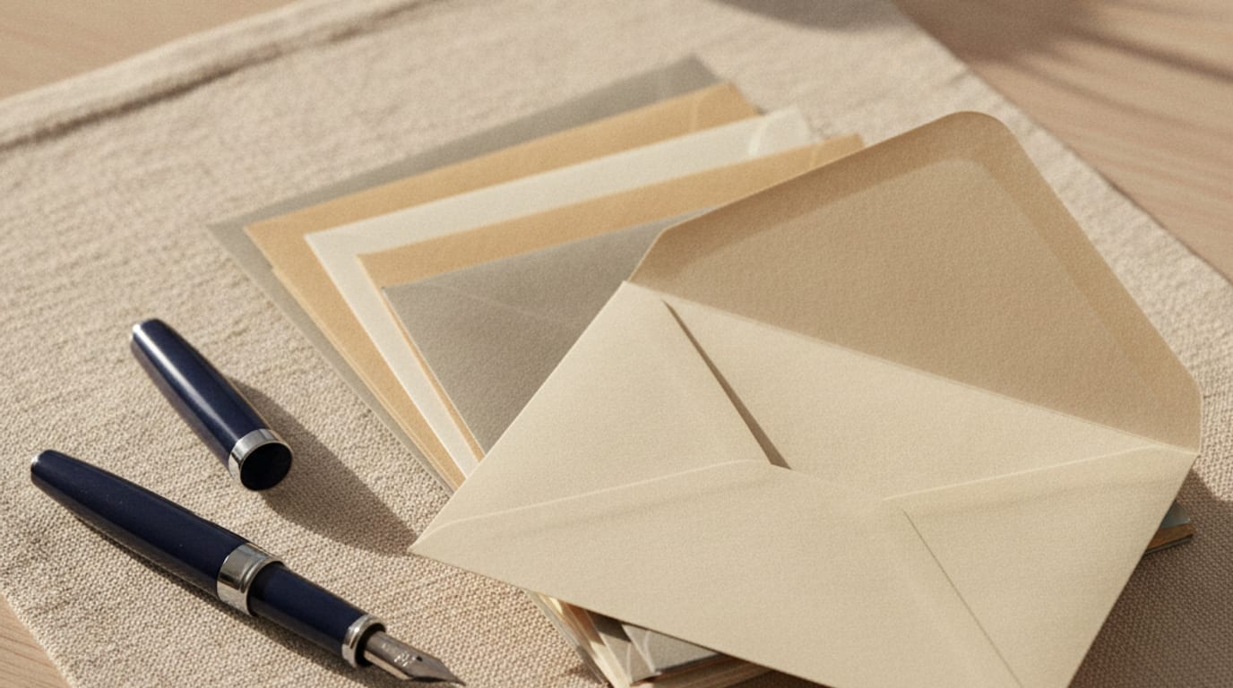 A stack of cream envelopes on a desk beside a fountain pen, the top one addressed in dark ink.