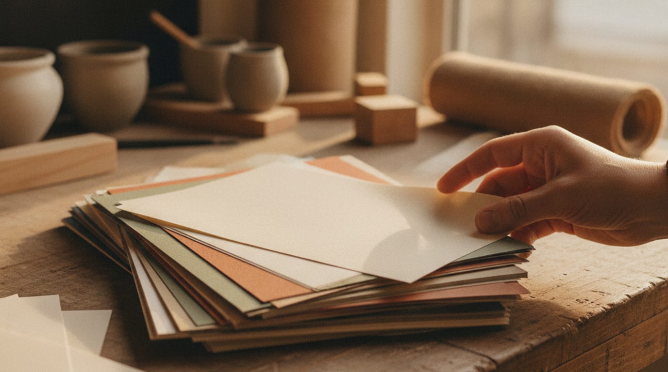 A stack of printed invitations on a workbench beside paper sample swatches in several weights.