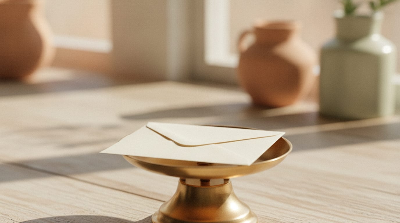A stack of addressed cream envelopes on a wooden counter beside a small postal scale.