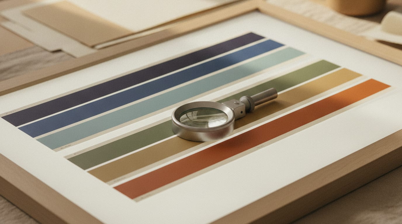 Printed colour swatches on cream and bright white card, fanned out under daylight.