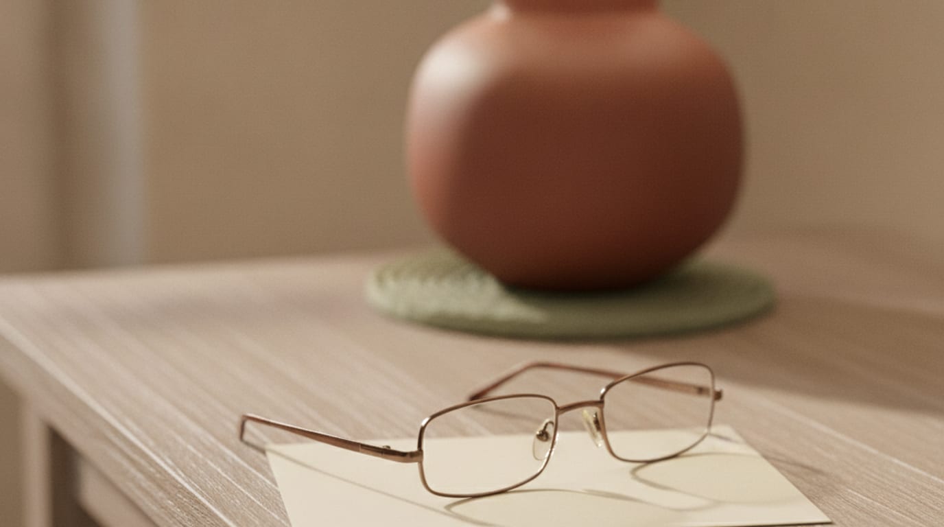 An invitation held at arm's length beside a pair of reading glasses on a table.