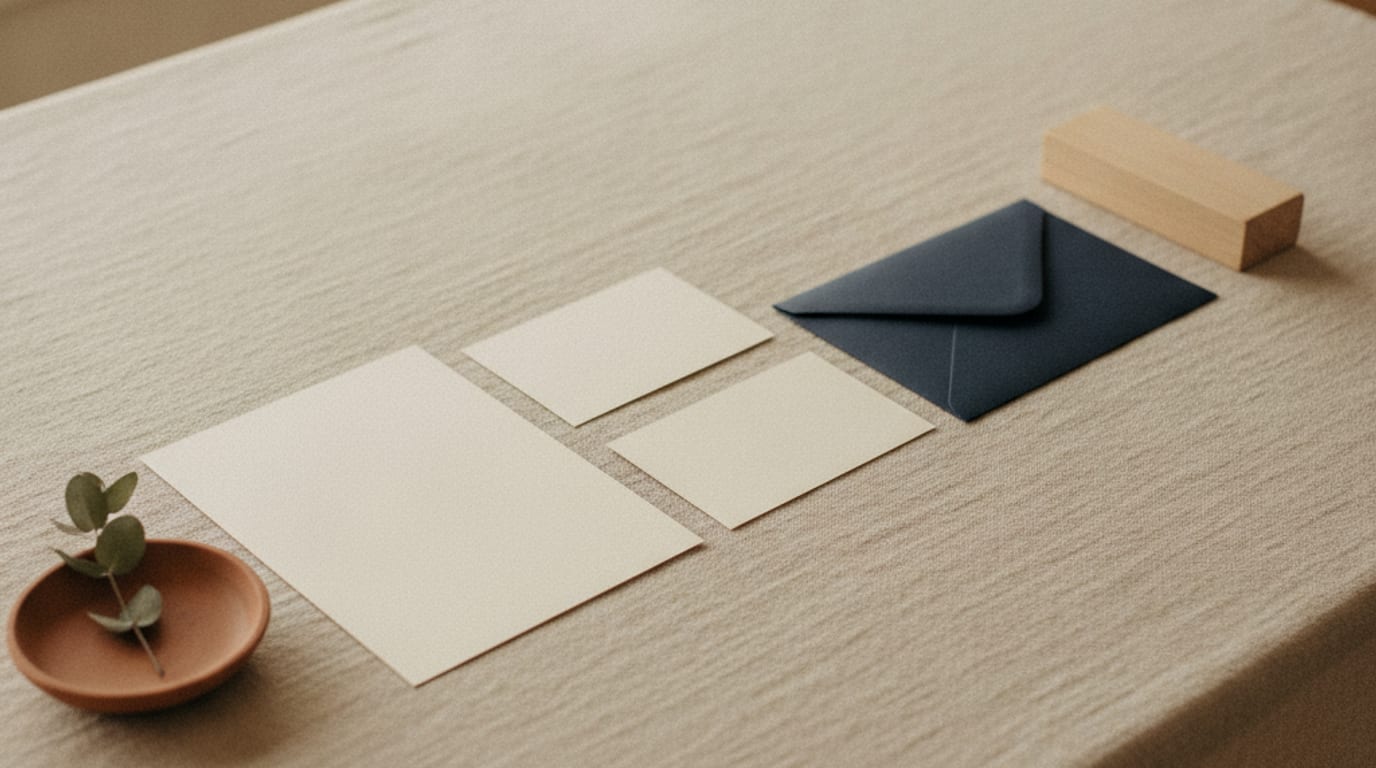A wedding suite laid out flat: save the date, invitation, details card and reply card.