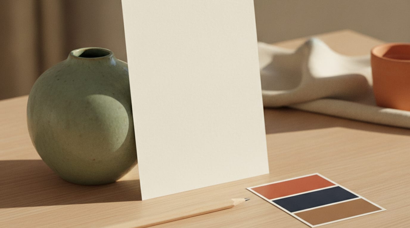 A single printed invitation concept resting on a designer's desk beside a pencil.