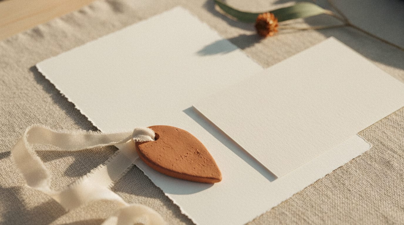 A table set with a menu card, a place card and a favour tag sharing one colour palette.