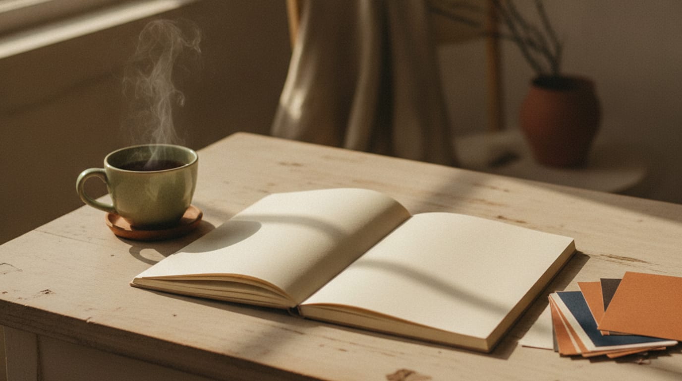 A notebook open on a desk with handwritten questions beside a pencil and a colour swatch.