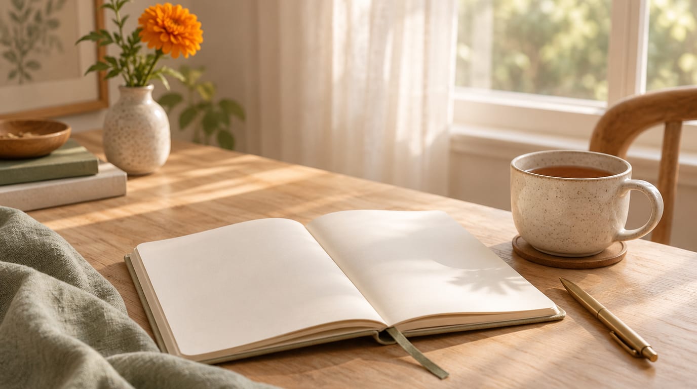 Still life of a quiet desk with a blank notebook and pencil, no readable text