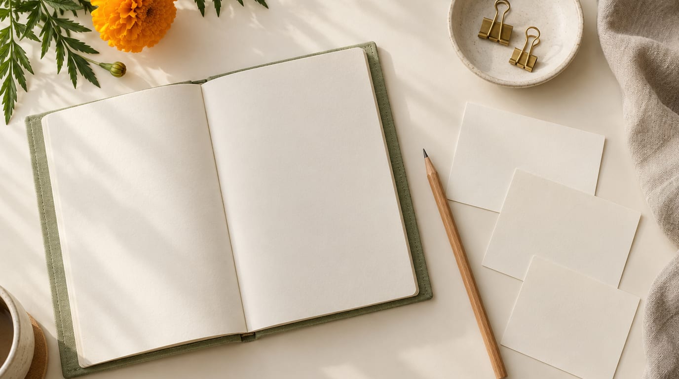 Still life of a blank envelope and a stack of paper on a wooden desk, no readable text.