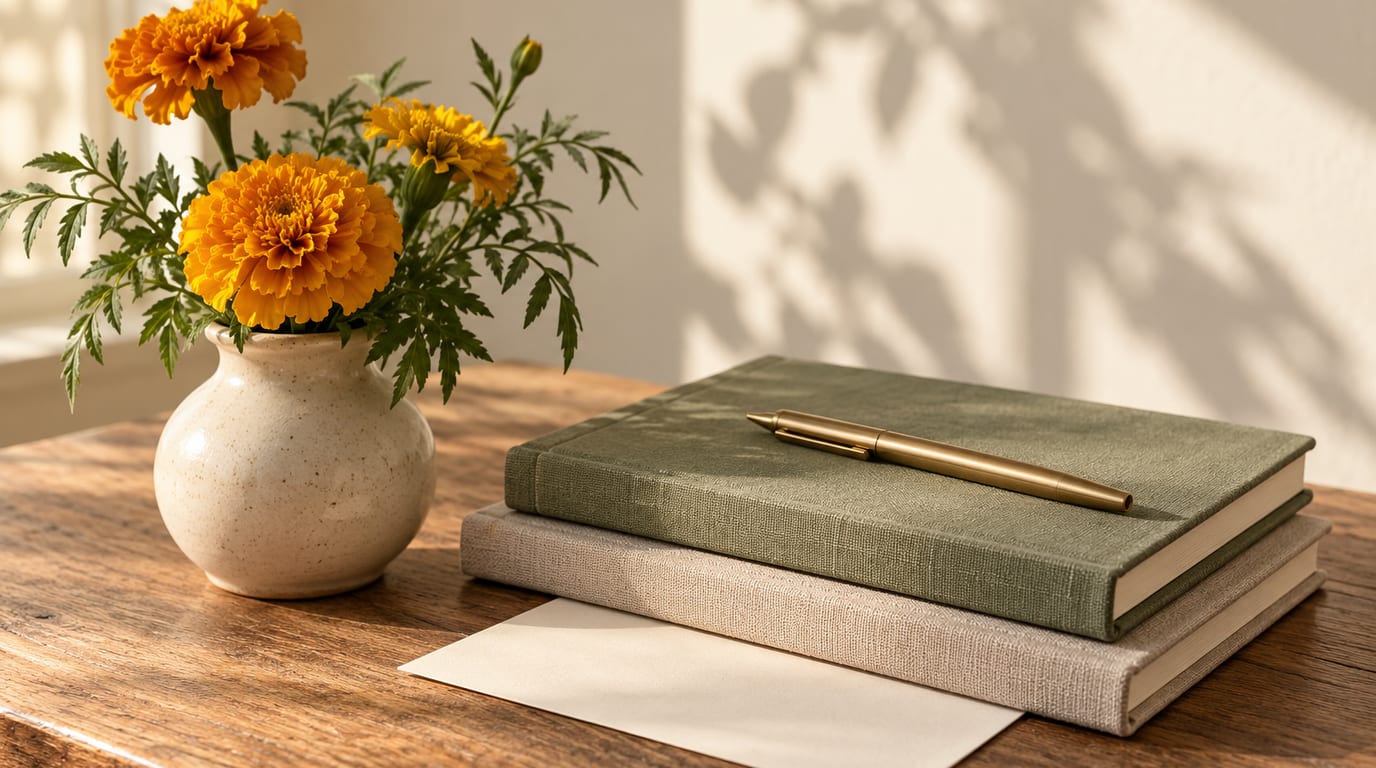 A still life of a calm desk with a blank notebook and dried flowers.