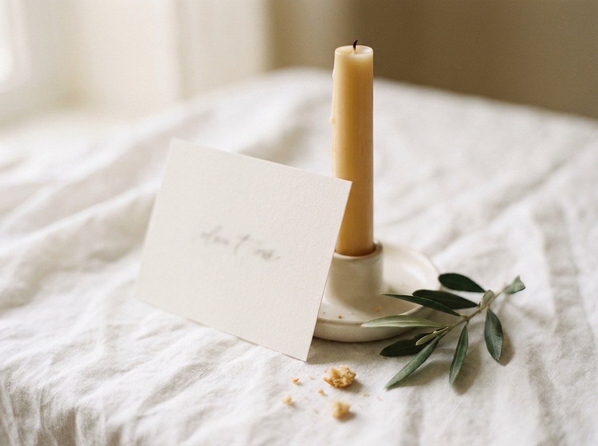 A plain white card propped against a small unlit candle on white linen