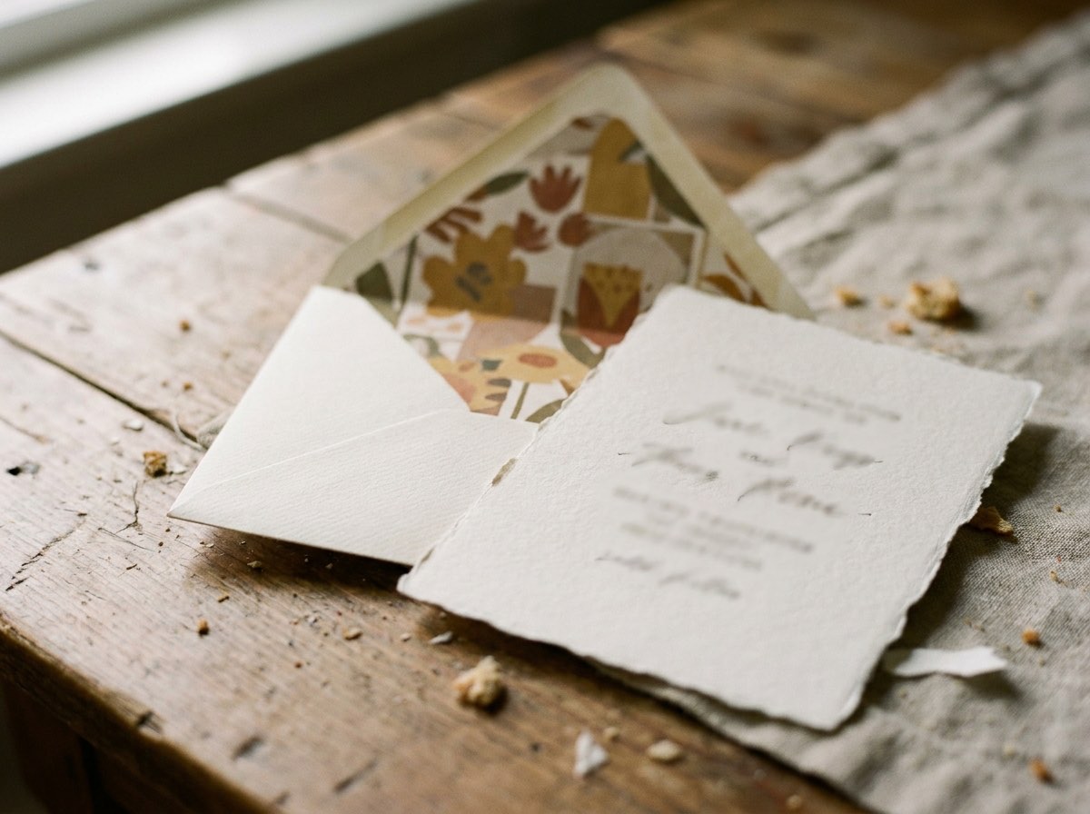 A single open envelope on a warm neutral surface showing its patterned interior liner