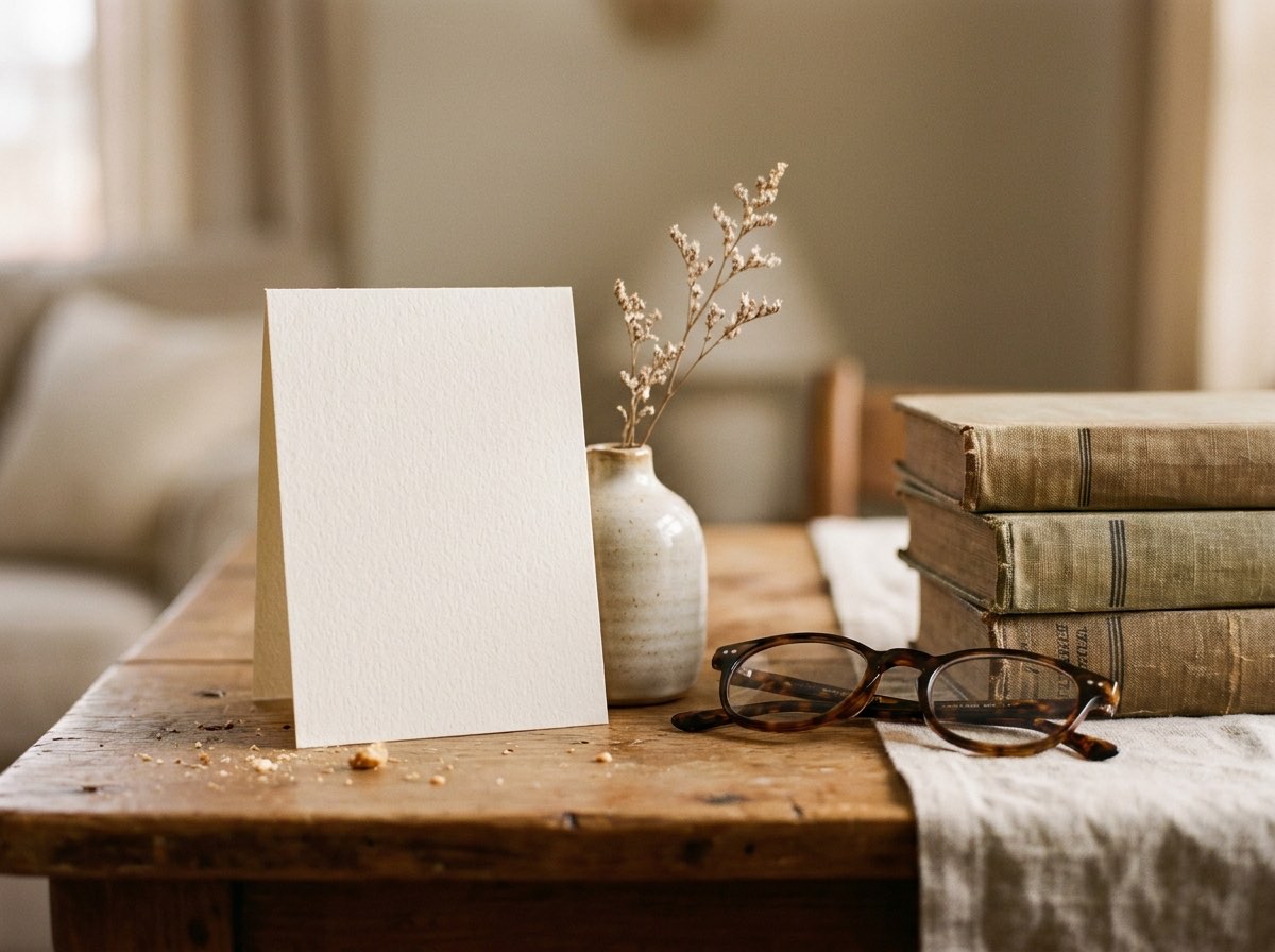 A single card propped against a small vase beside reading glasses