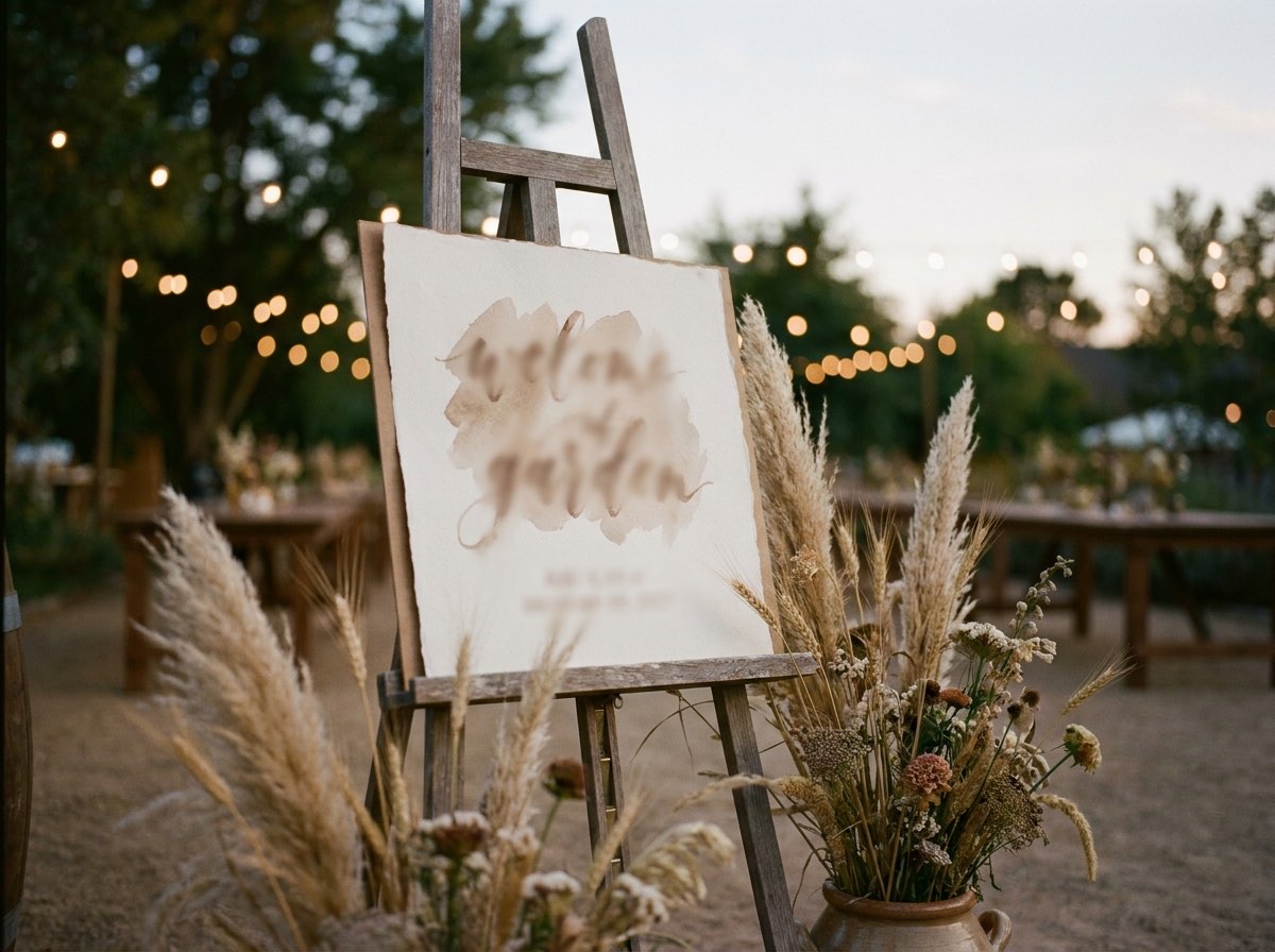 A welcome sign on a slim wooden easel at the entrance to a garden party