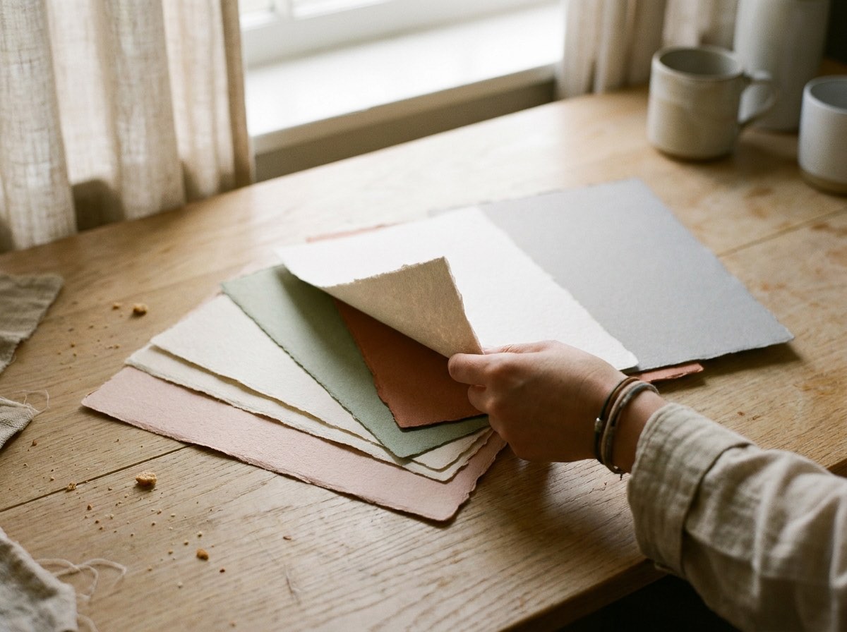 A fan of thick paper swatches in muted blush, bone, sage and clay on pale oak