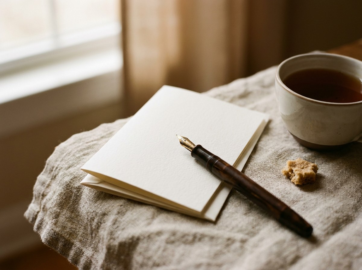 A small stack of folded cards with a fountain pen laid across the top
