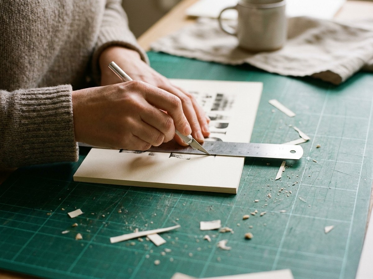 Hands trimming a printed card with a metal ruler and craft knife on a cutting mat