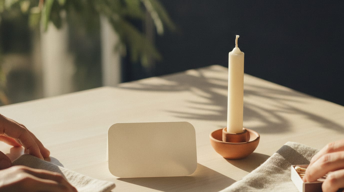 A small blank card sits on a sunlit table beside an unlit candle and a folded napkin.
