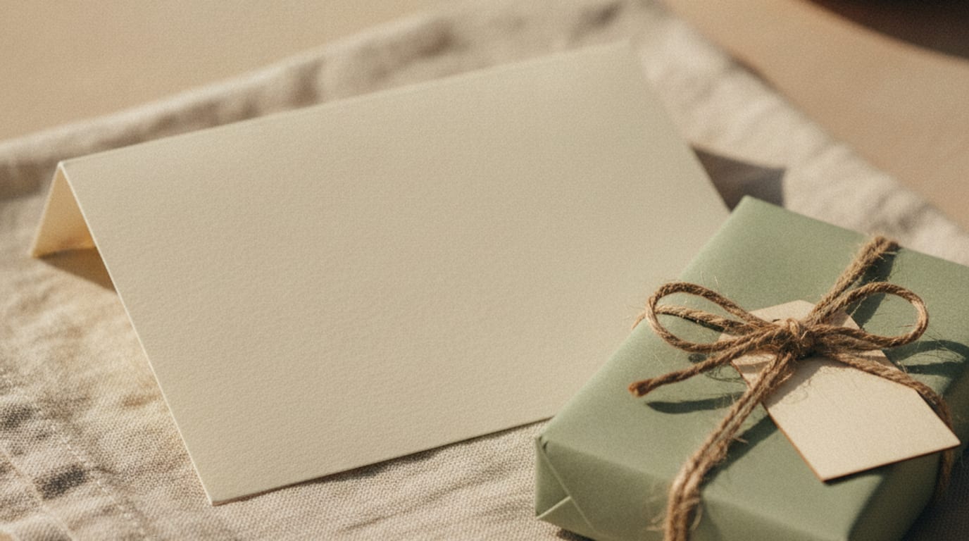A blank folded card on pale linen beside a small parcel tied with twine.