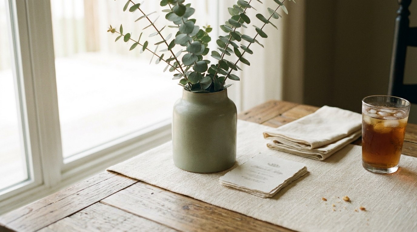 A baby shower table detail in muted sage and cream with eucalyptus