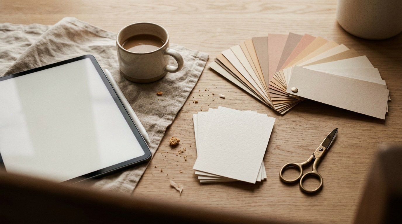 A designer's working table seen from above with a stylus, colour swatches and trimmed cards