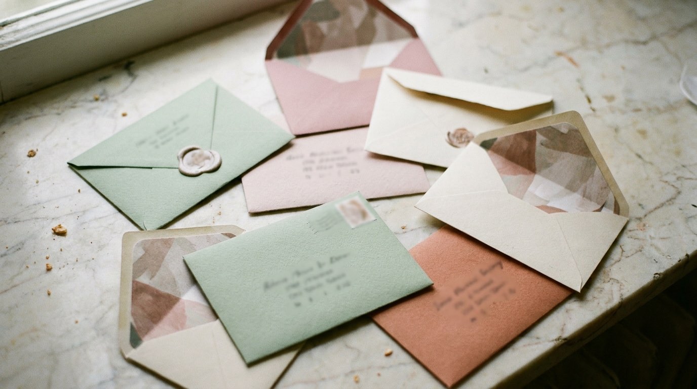 Addressed envelopes fanned across a pale marble counter in muted sage, blush and bone