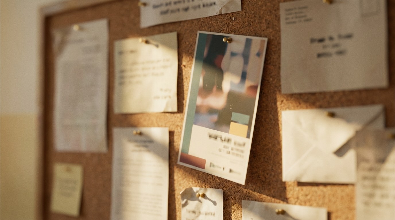 A school noticeboard in afternoon light with one well designed poster
