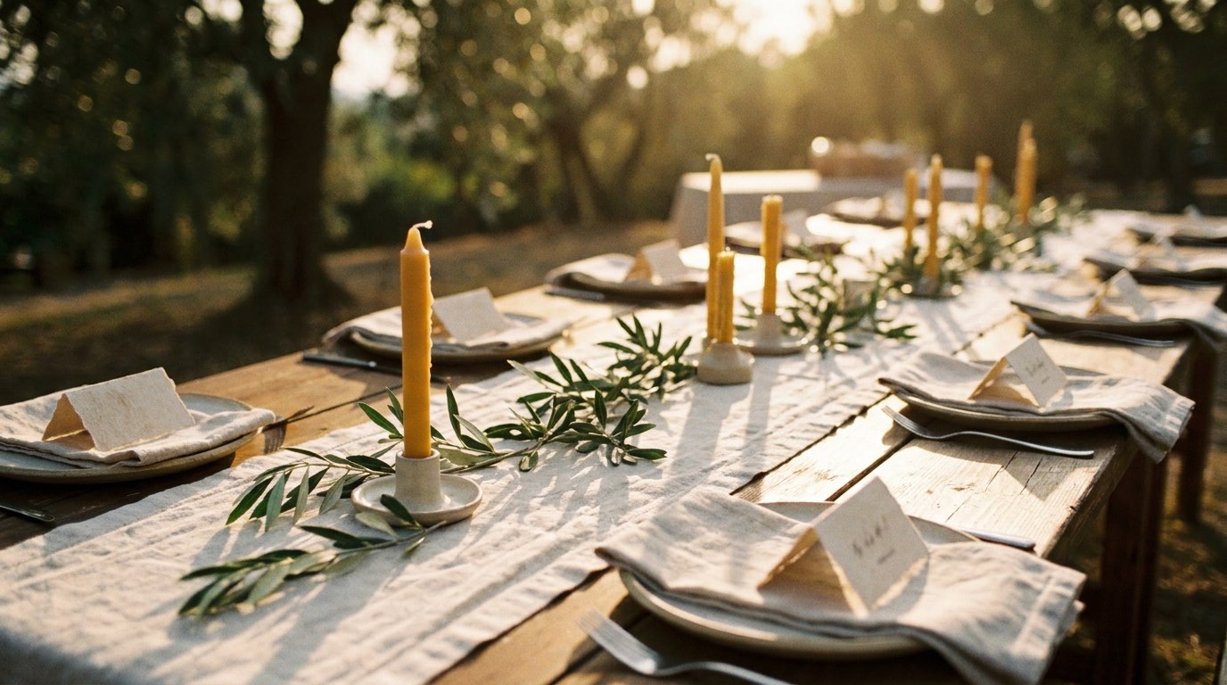 A long garden table set for a celebration at golden hour