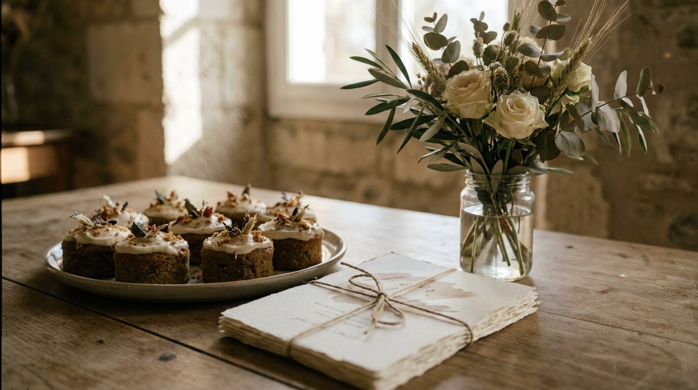 A graduation celebration table in warm neutrals with announcement cards tied in twine