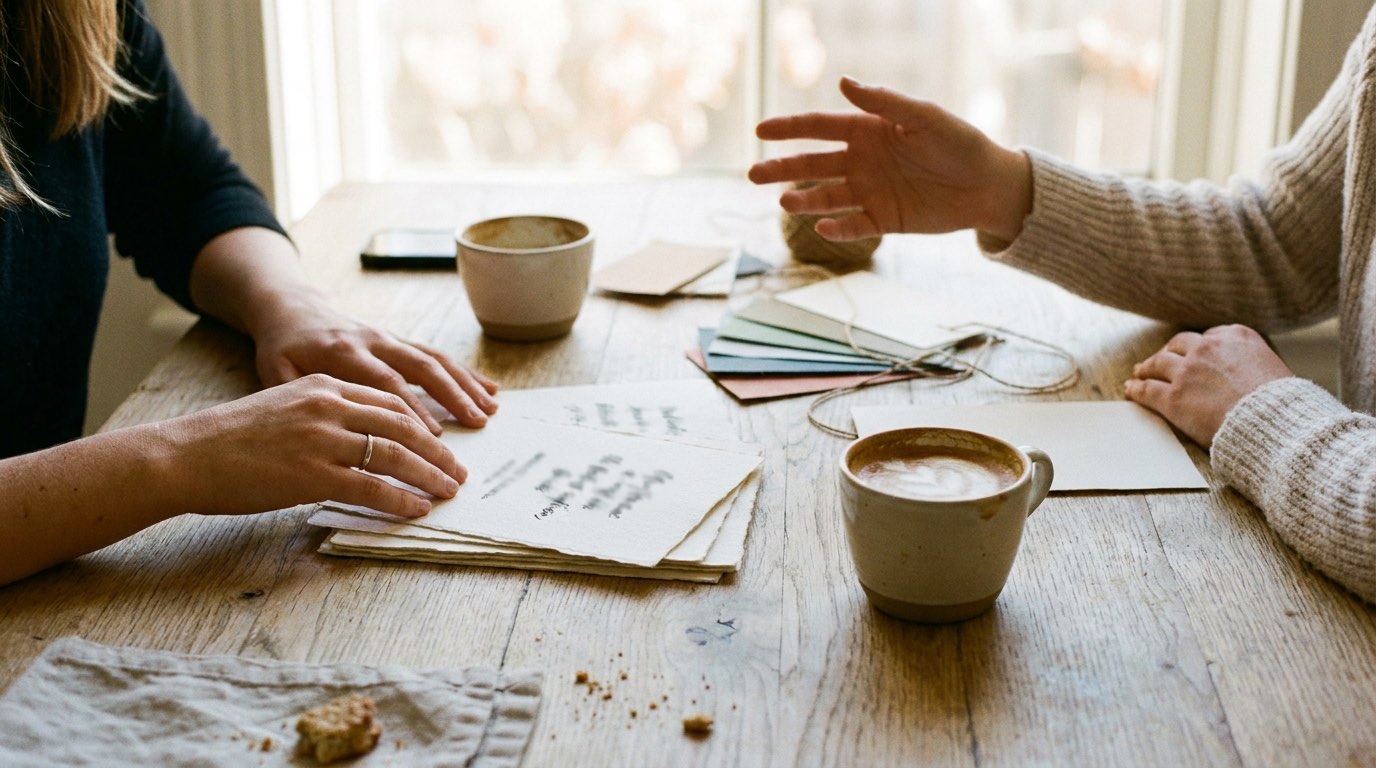 Two people going through printed invitation proofs at a table