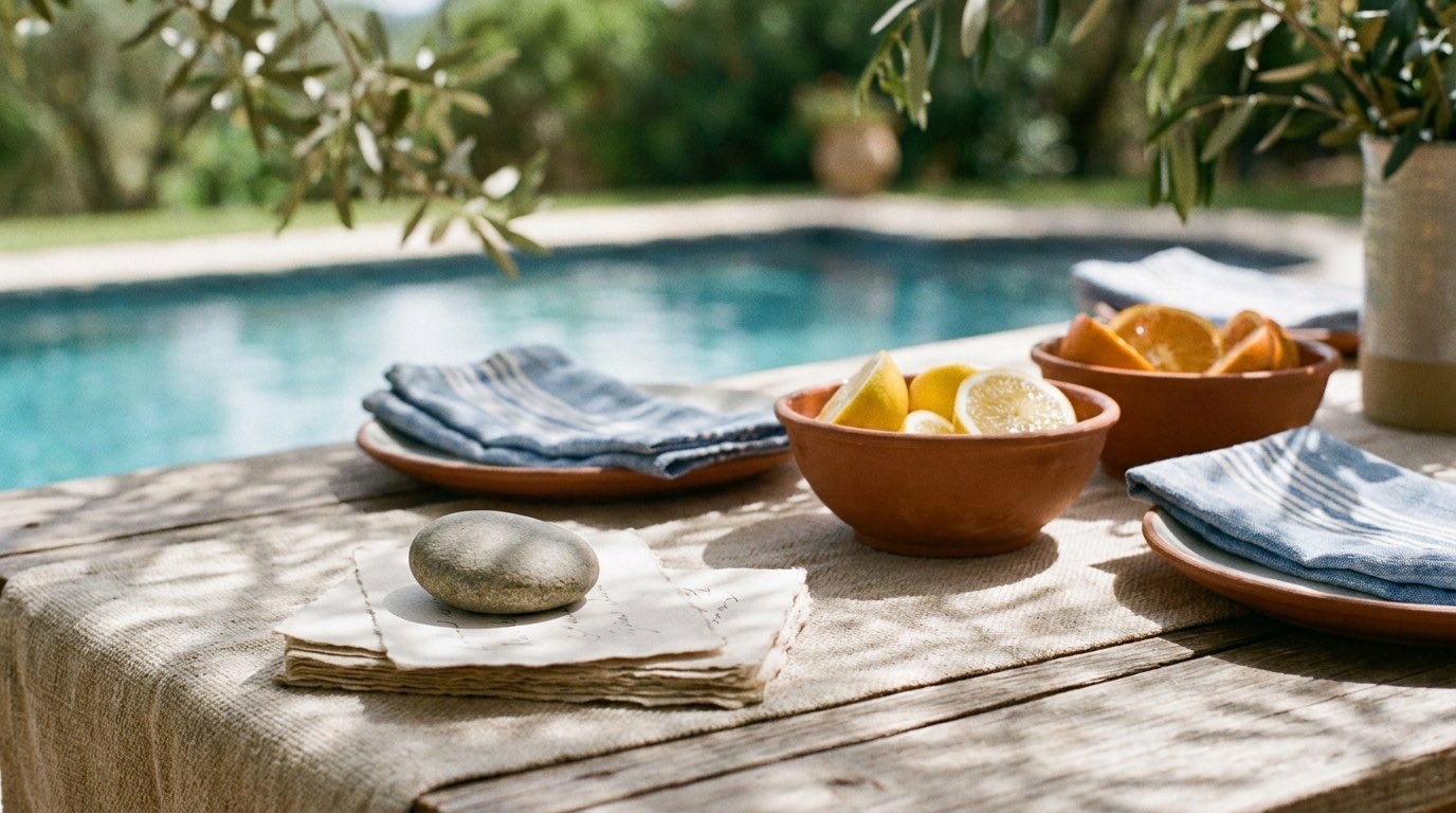 A poolside summer party table in bright open shade with sliced citrus