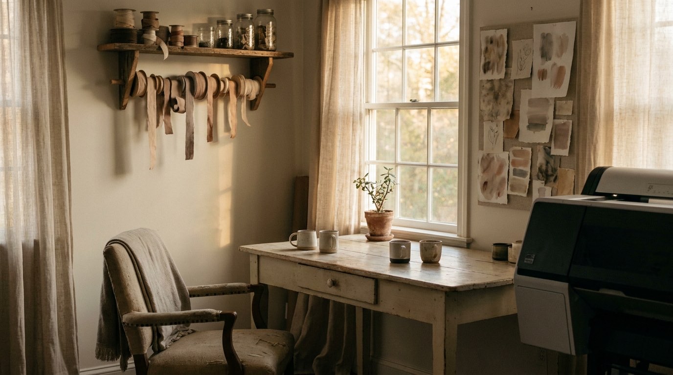 A small home studio corner in late afternoon light with a pale wooden table under a window