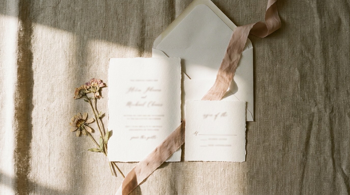 A complete invitation suite laid out on oatmeal linen with silk ribbon and pressed flowers