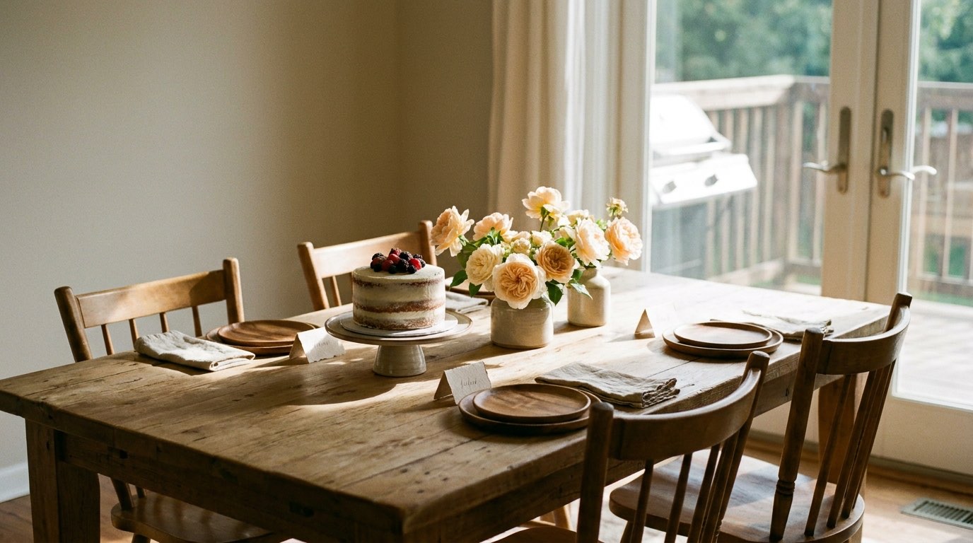 A birthday party table set in pale peach and cream before guests arrive