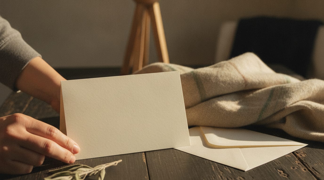 A blank cream card on a dark table beside a wool scarf and a spare envelope.