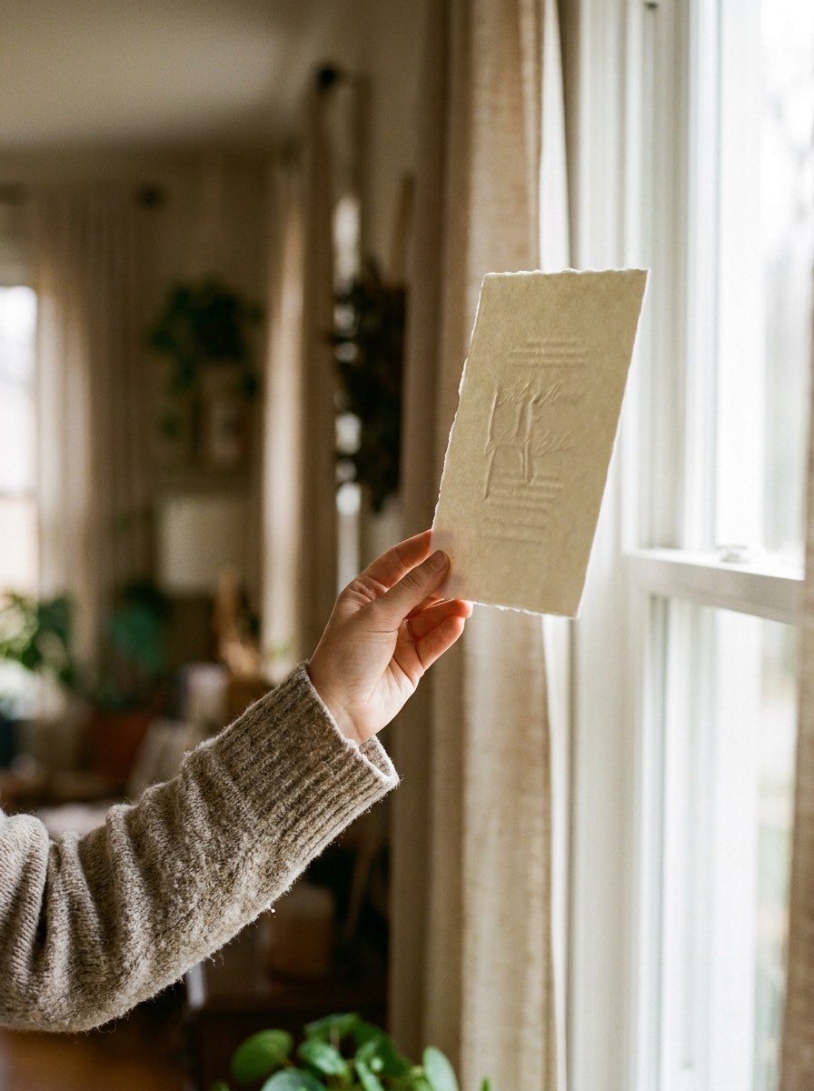 A hand holding a thick invitation card up toward a window