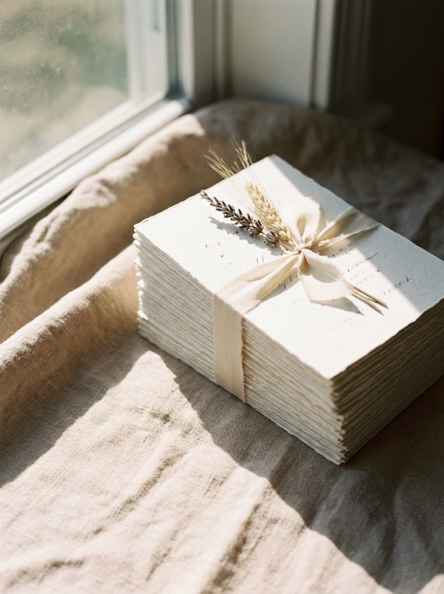 A tall neat stack of cards on warm linen tied with a narrow silk ribbon