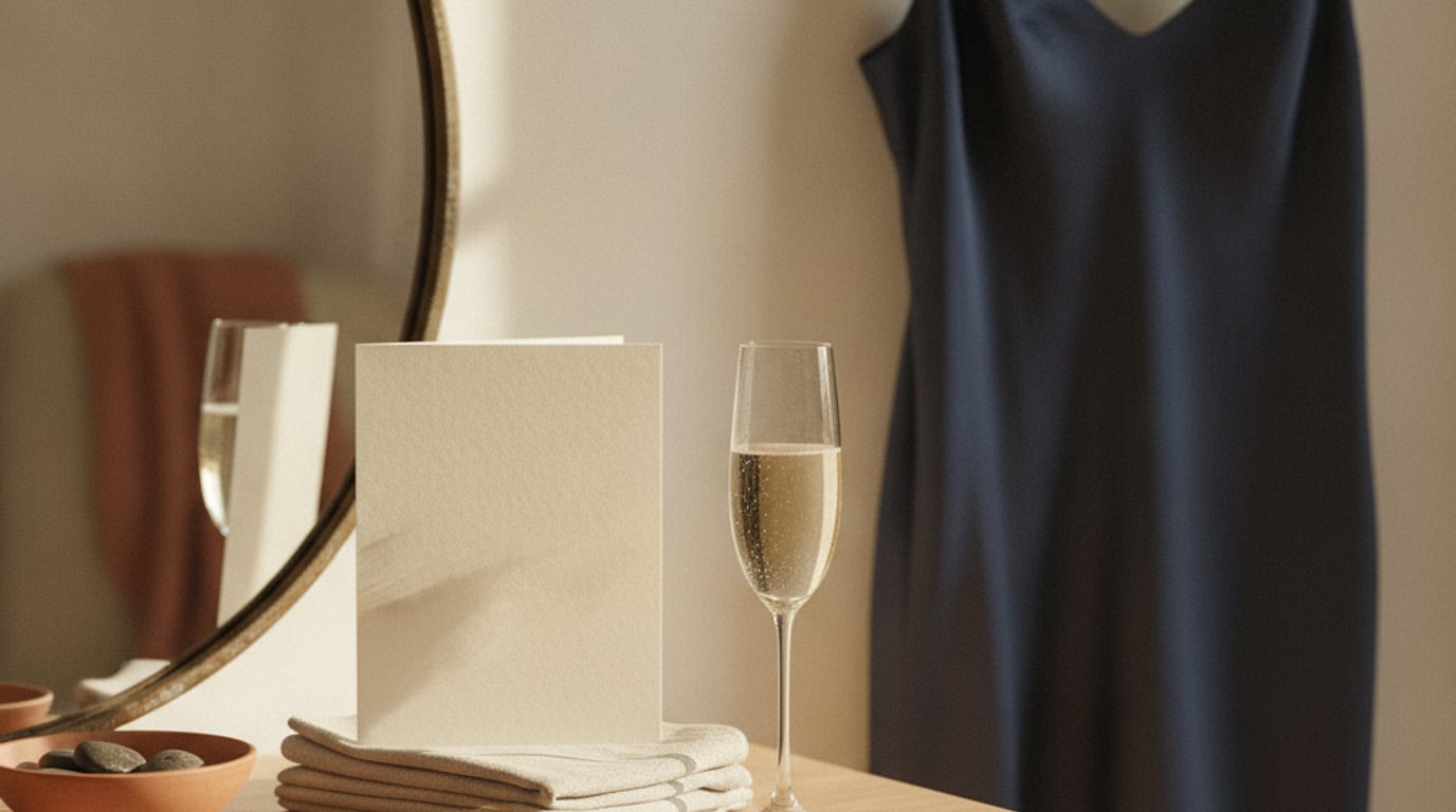 A hotel dresser with a champagne flute and a blank card propped against a mirror