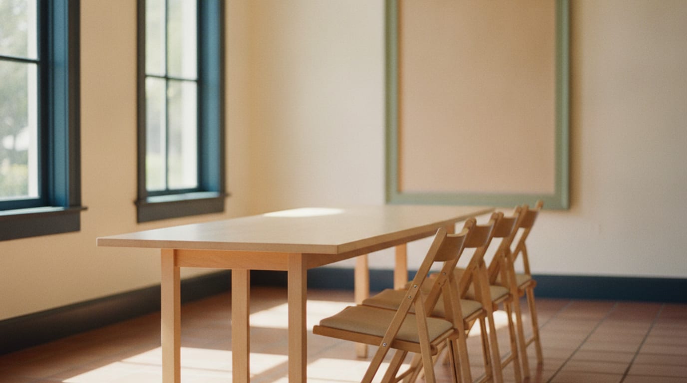 A clean village hall with a folding table, a neat row of chairs and a blank sign board