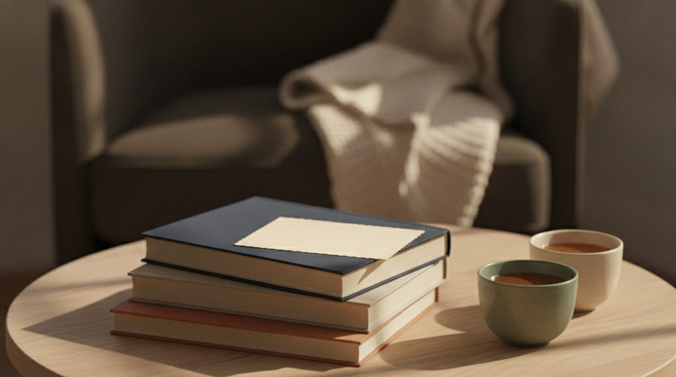 A low table with a stack of hardback books face down, two cups of tea and a blank card