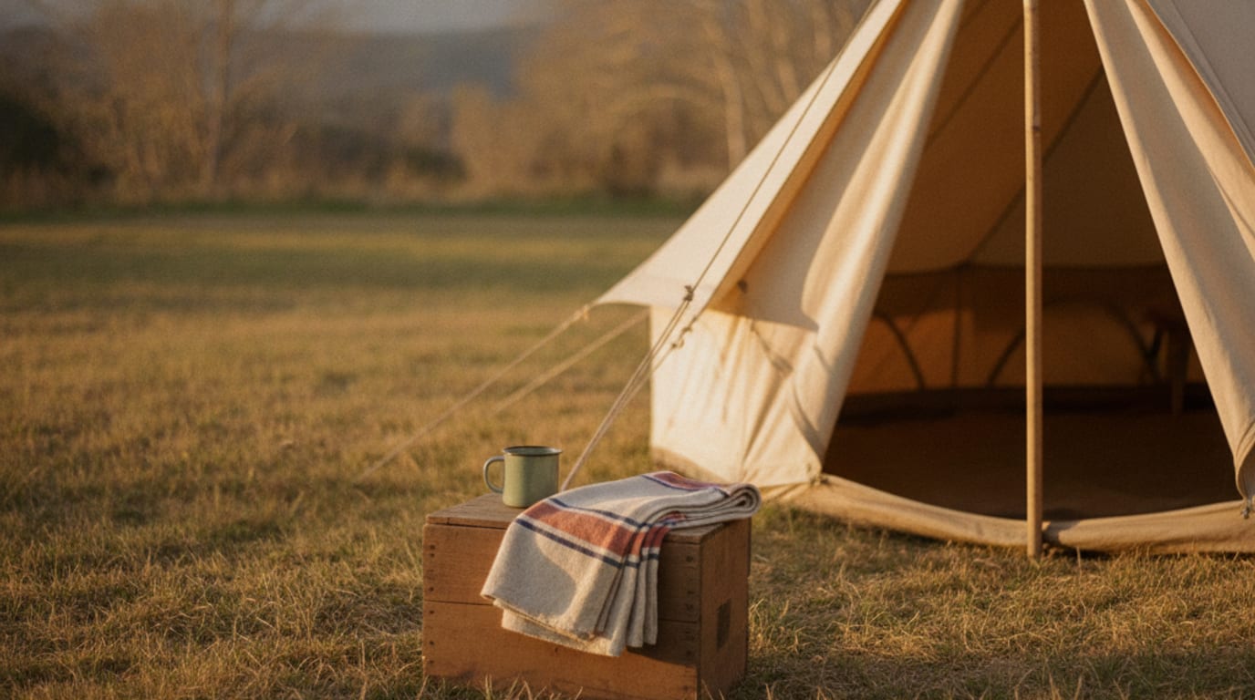 A canvas tent at golden hour in a grassy clearing with a blanket and an enamel mug outside