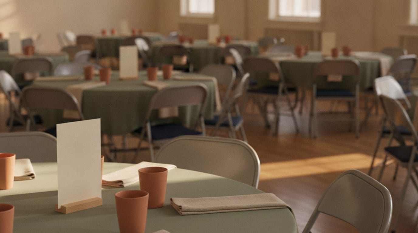An empty hall set with chairs, late afternoon light through high windows