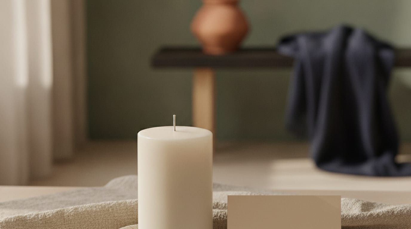 An unlit white candle on white linen in a quiet interior