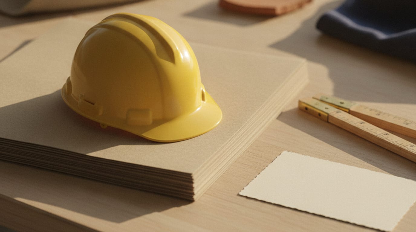 A small yellow hard hat resting on a stack of kraft paper beside a folding rule