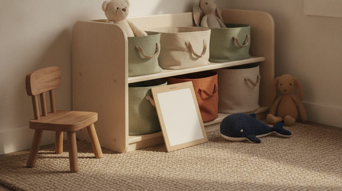 A tidy playroom corner with low wooden shelves, fabric baskets and a small chair