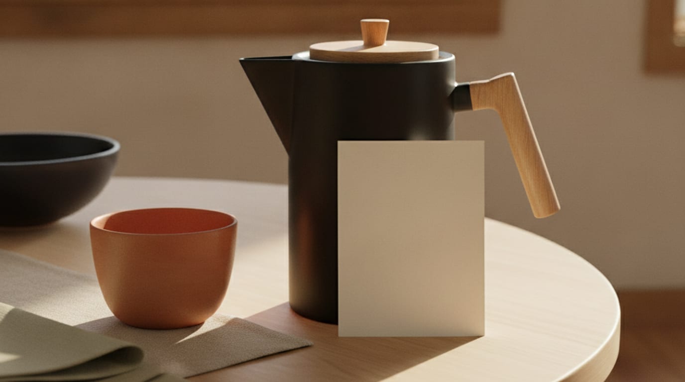 A quiet breakfast table with a coffee pot, one cup and a blank card propped against it